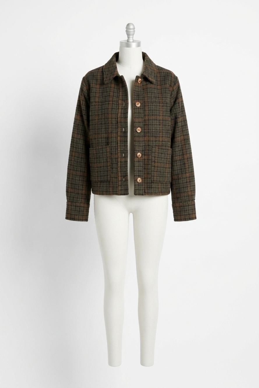 NEW HEM & THREAD carly plaid jacket in forest green, brown